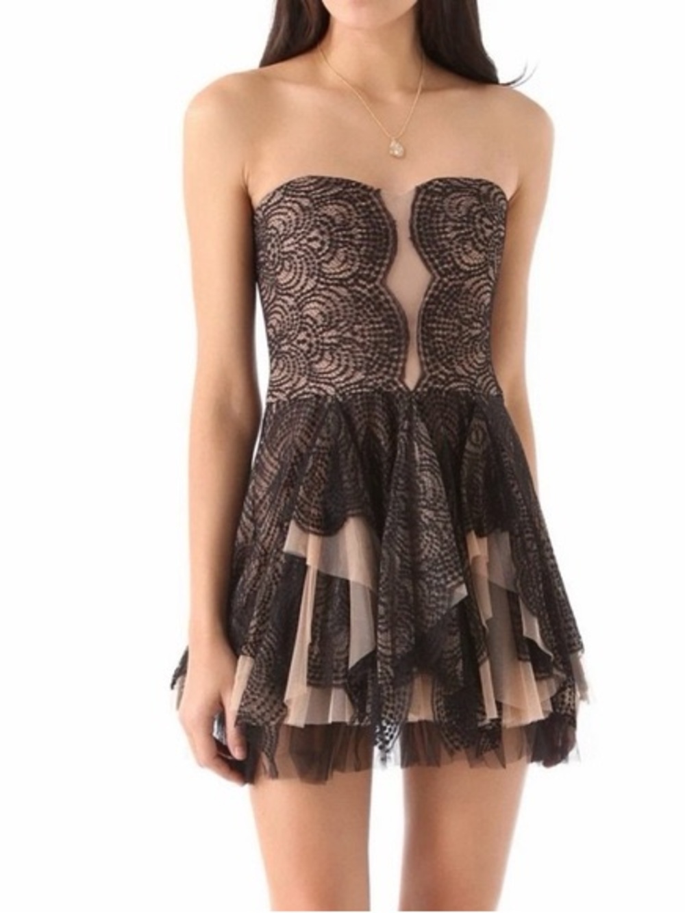 BCBGMaxAzria Black Lace over Nude Strapless Layered Mini Dress